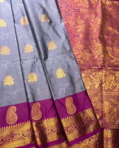 Amethyst Bloom - Semi Soft Silk Saree | Grey | Deep Magenta