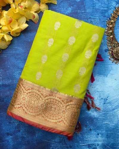 Vintage Kanchi Soft Silk | Neon Yellow-Green | Rose Copper