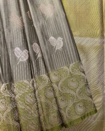 Luxury Vaira Oosi Soft Silk Silver Zari | Olive Green | Pale Yellow