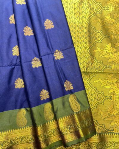 Amethyst Bloom - Semi Soft Silk Saree | Royal Blue | Bright Yellow