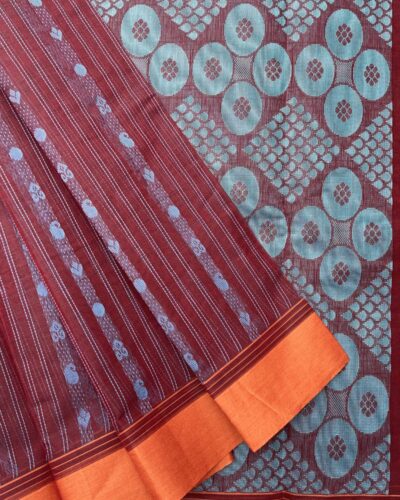 Pure Cotton Vaira Oosi Pattern Saree | Dark Maroon | Sky Blue