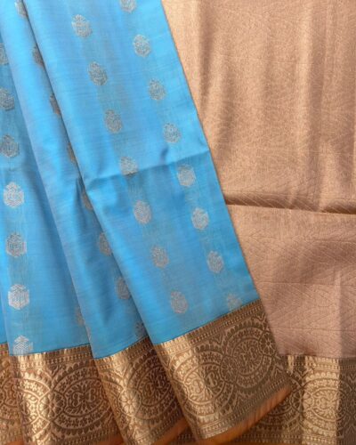 Vintage Kanchi Soft Silk | Turquoise Blue | Golden Brown