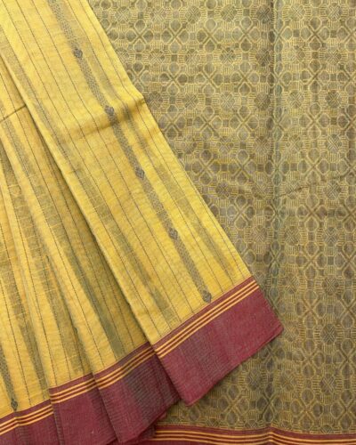 Pure Cotton Vaira Oosi Pattern Saree | Mustard Yellow | Coral Maroon