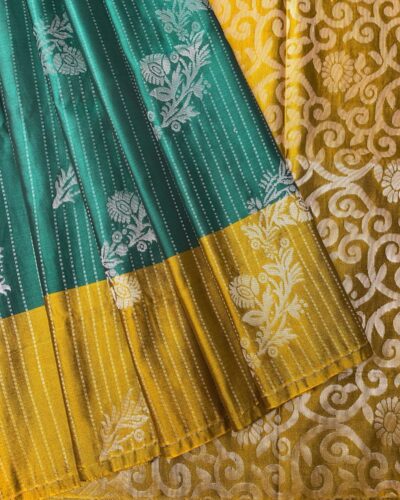 Luxury Vaira Oosi Soft Silk Silver Zari | Forest Green | Gold Mustard