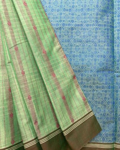 Pure Cotton Vaira Oosi Pattern Saree | Mint Green | Terracotta Coral