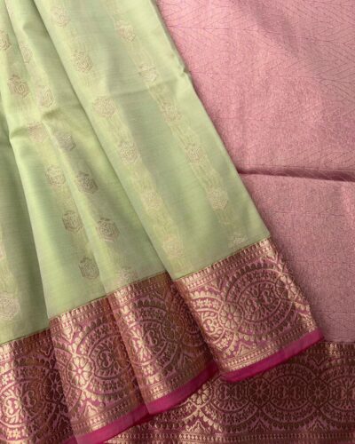 Vintage Kanchi Soft Silk | Mint Green | Rose Pink