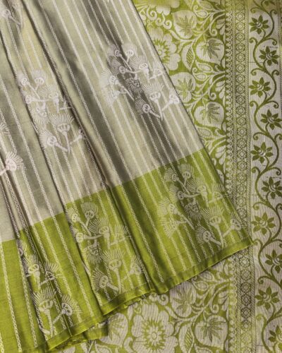 Luxury Vaira Oosi Soft Silk Silver Zari | Off-White | Lime Green