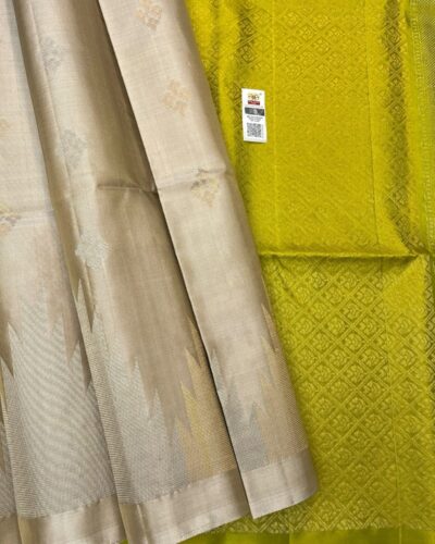Temple Border Soft Silk Saree | Cream Ivory | Lime Yellow