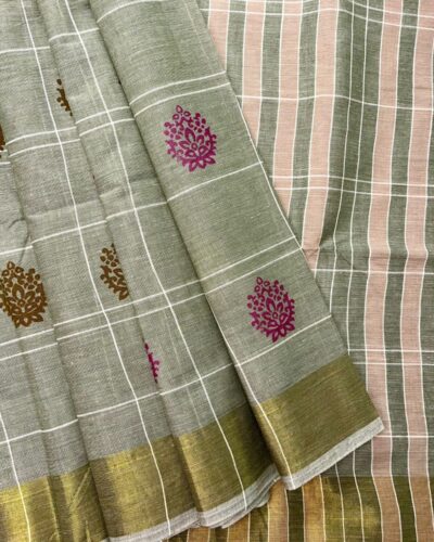 Chola Checked Linen Printed Cotton - Sage Green