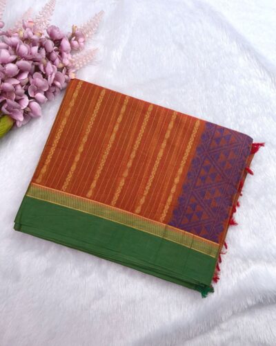 Pure Cotton Vaira Oosi Pattern Saree | Dual Color - Burnt Orange with Indigo Blue