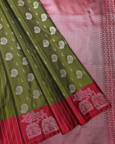 Luxury Vaira Oosi Soft Silk Silver Zari | Olive Green | Deep Red