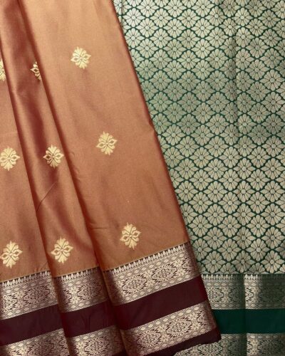 Traditional Retta Pettu Border Soft Silk Saree | Copper | Forest Green - Draped View