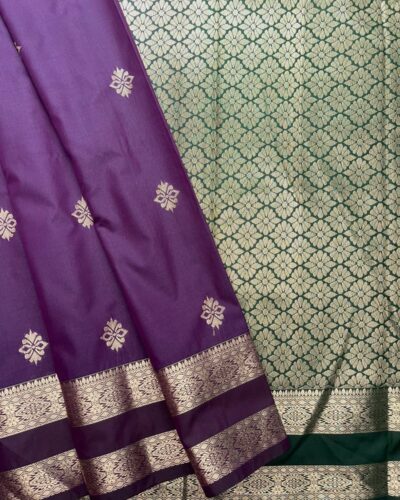 Traditional Retta Pettu Border Soft Silk Saree | Deep Purple | Forest Green - Draped View