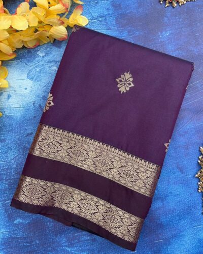 Traditional Retta Pettu Border Soft Silk Saree | Deep Purple | Forest Green - Folded View