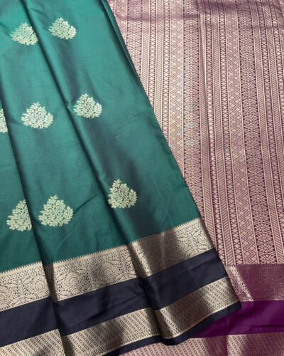 Traditional Retta Pettu Border Soft Silk Saree | Forest Green | Purple - Draped View