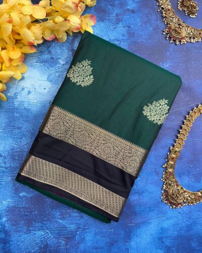 Traditional Retta Pettu Border Soft Silk Saree | Forest Green | Purple - Folded View