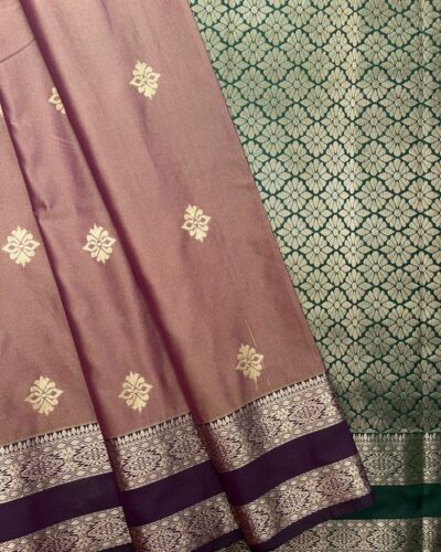 Traditional Retta Pettu Border Soft Silk Saree | Mauve | Forest Green - Draped View