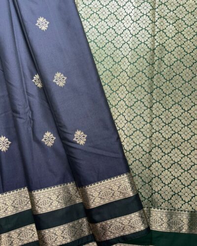 Traditional Retta Pettu Border Soft Silk Saree | Navy Blue | Forest Green - Draped View