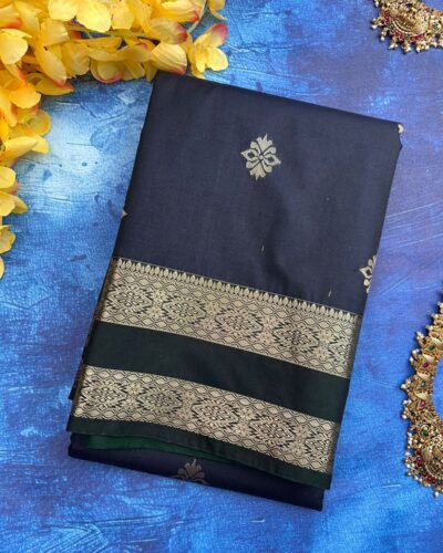 Traditional Retta Pettu Border Soft Silk Saree | Navy Blue | Forest Green - Folded View