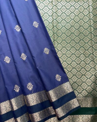 Traditional Retta Pettu Border Soft Silk Saree | Navy Blue | Forest Green - Draped View