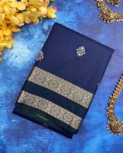 Traditional Retta Pettu Border Soft Silk Saree | Navy Blue | Forest Green - Folded View