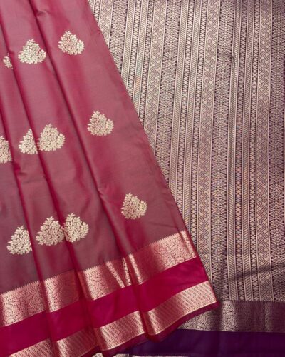 Traditional Retta Pettu Border Soft Silk Saree | Rose Pink | Deep Maroon - Draped View