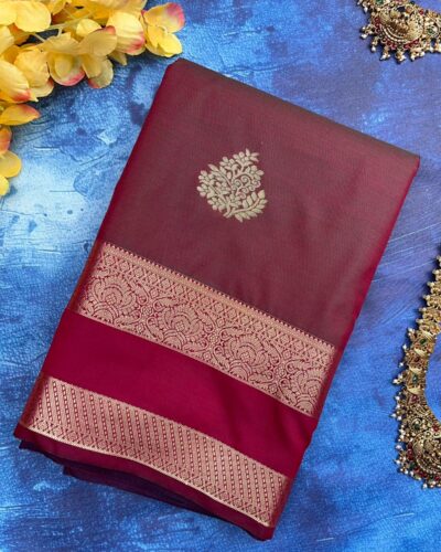 Traditional Retta Pettu Border Soft Silk Saree | Rose Pink | Deep Maroon - Folded View