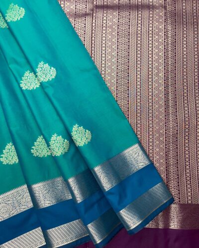 Traditional Retta Pettu Border Soft Silk Saree | Teal Green | Deep Maroon - Draped View