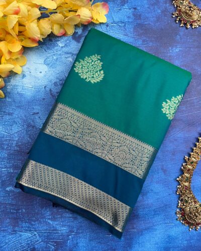 Traditional Retta Pettu Border Soft Silk Saree | Teal Green | Deep Maroon - Folded View