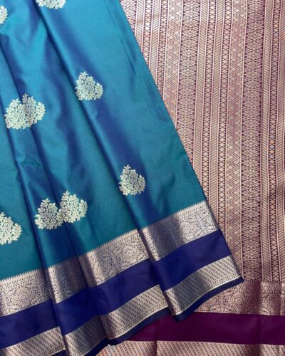 Traditional Retta Pettu Border Soft Silk Saree | Teal Green | Deep Navy Blue - Draped View