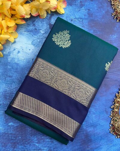 Traditional Retta Pettu Border Soft Silk Saree | Teal Green | Deep Navy Blue - Folded View