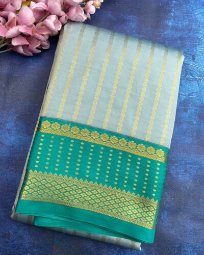 Elite Semi Kanchi | Silver Grey | Teal Green