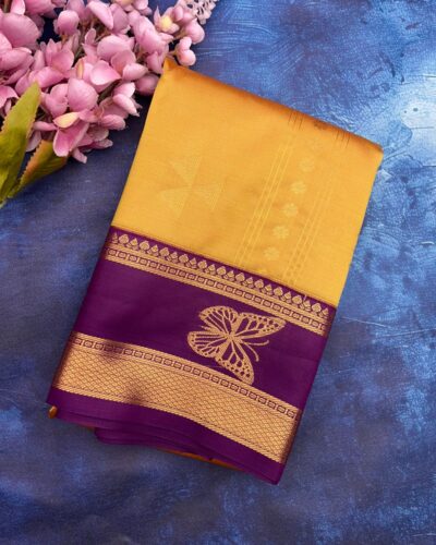 Semi Kanchipuram Silk Saree | Golden Yellow | Burgundy
