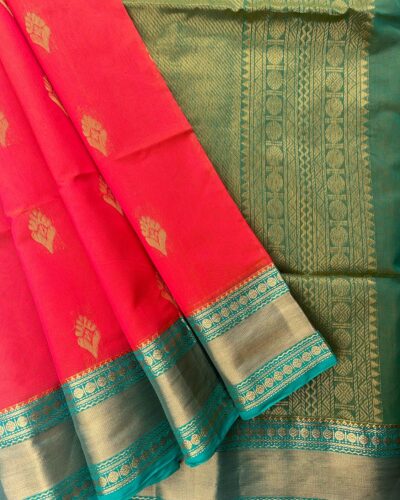 Kanchi Kota Cotton Saree with Korvai Border | Coral Pink | Rama Green - open saree