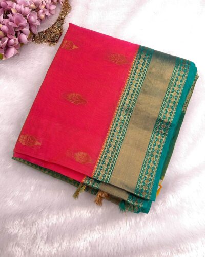Kanchi Kota Cotton Saree with Korvai Border | Coral Pink | Rama Green - saree with blouse