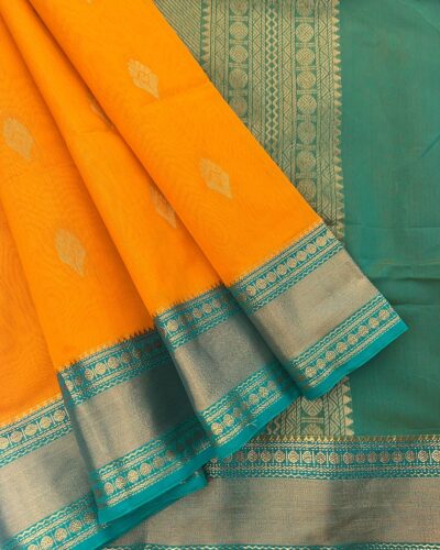Kanchi Kota Cotton Saree with Korvai Border | Marigold Yellow | Rama Green - open saree