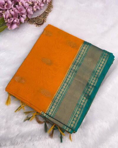 Kanchi Kota Cotton Saree with Korvai Border | Marigold Yellow | Rama Green - saree with blouse