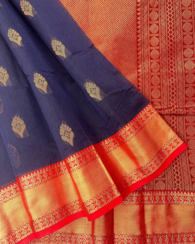 Kanchi Kota Cotton Saree with Korvai Border | Navy Blue | Red - open saree