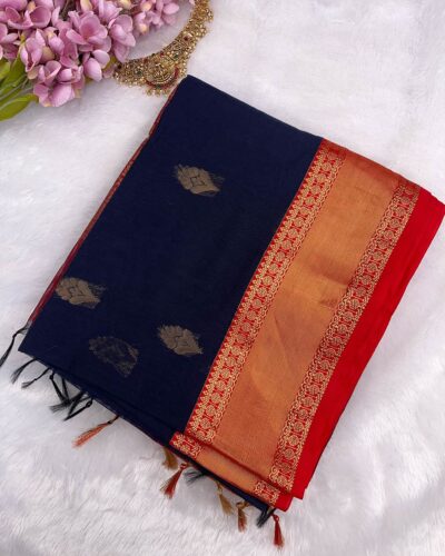 Kanchi Kota Cotton Saree with Korvai Border | Navy Blue | Red - saree with blouse