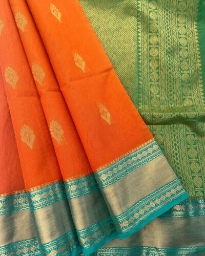 Kanchi Kota Cotton Saree with Korvai Border | Orange | Rama Green - open saree