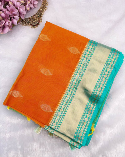 Kanchi Kota Cotton Saree with Korvai Border | Orange | Rama Green - saree with blouse