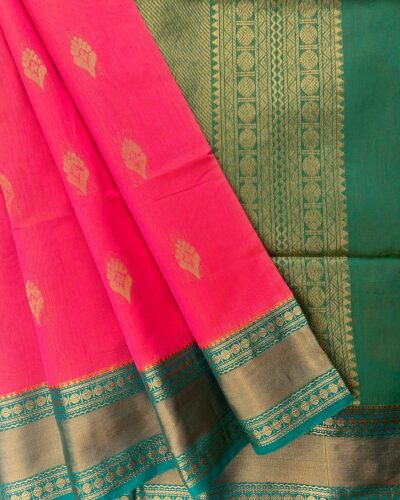 Kanchi Kota Cotton Saree with Korvai Border | Rani Pink | Rama Green - open saree