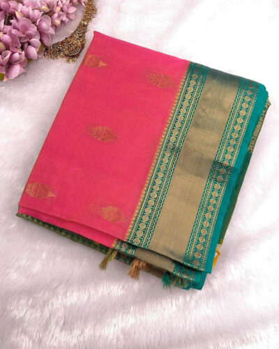 Kanchi Kota Cotton Saree with Korvai Border | Rani Pink | Rama Green - saree with blouse