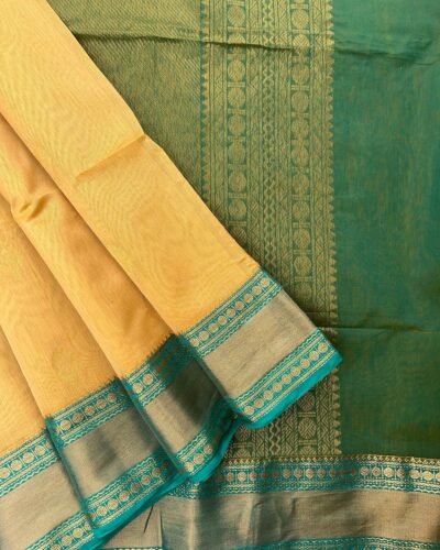 Kanchi Kota Cotton Saree with Korvai Border | Sandal Beige | Rama Green - open saree