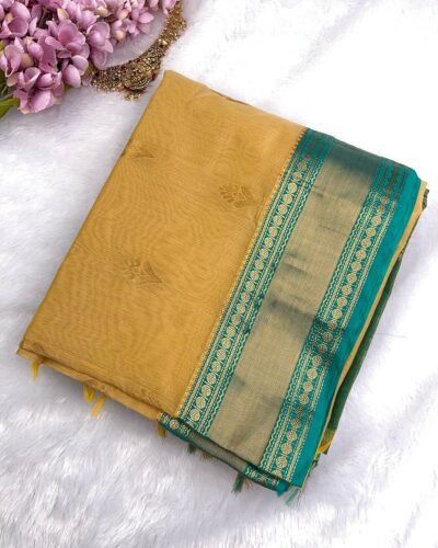 Kanchi Kota Cotton Saree with Korvai Border | Sandal Beige | Rama Green - saree with blouse