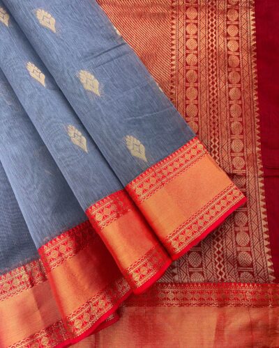 Kanchi Kota Cotton Saree with Korvai Border | Slate Grey | Red - open saree