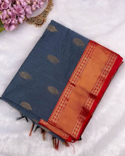 Kanchi Kota Cotton Saree with Korvai Border | Slate Grey | Red - saree with blouse