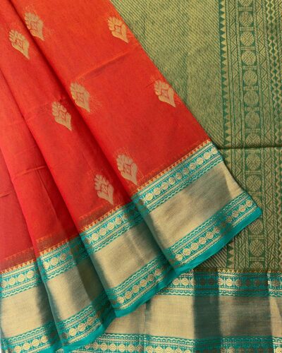 Kanchi Kota Cotton Saree with Korvai Border | Vermillion Red | Rama Green - open saree