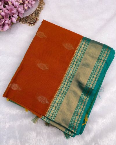 Kanchi Kota Cotton Saree with Korvai Border | Vermillion Red | Rama Green - saree with blouse