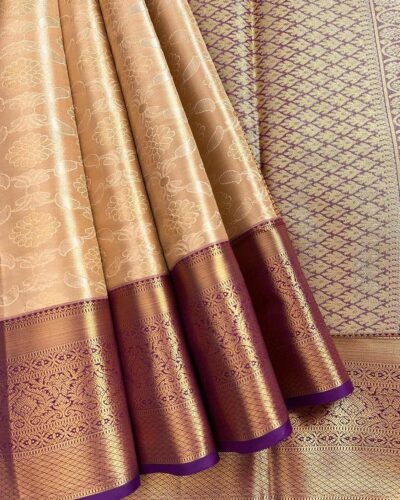 Kanchi Tissue Semi Silk Saree | Beige Gold | Purple
